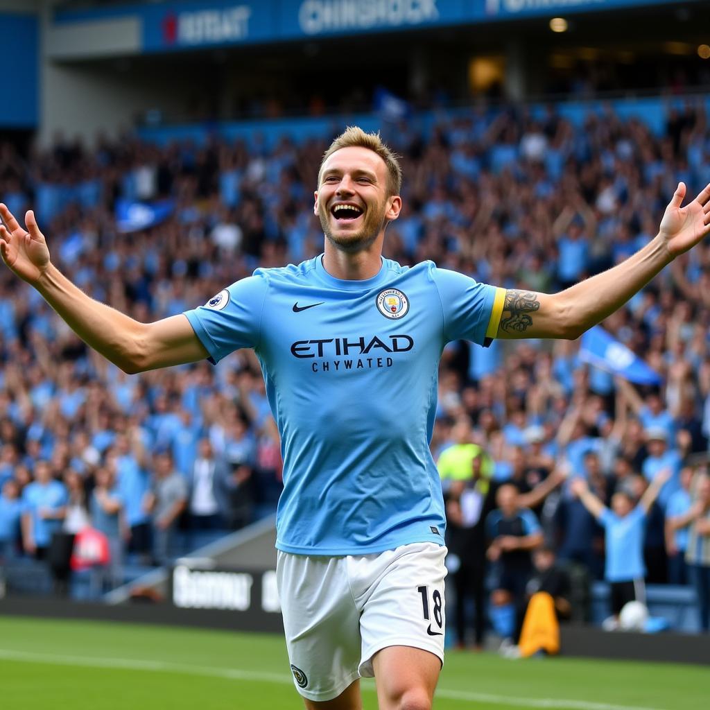 Erling Haaland celebrates a goal with Manchester City fans.