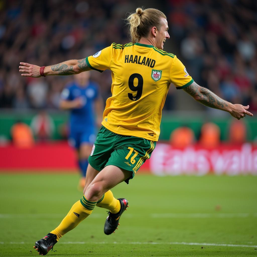 Erling Haaland celebrating a goal in his signature style.