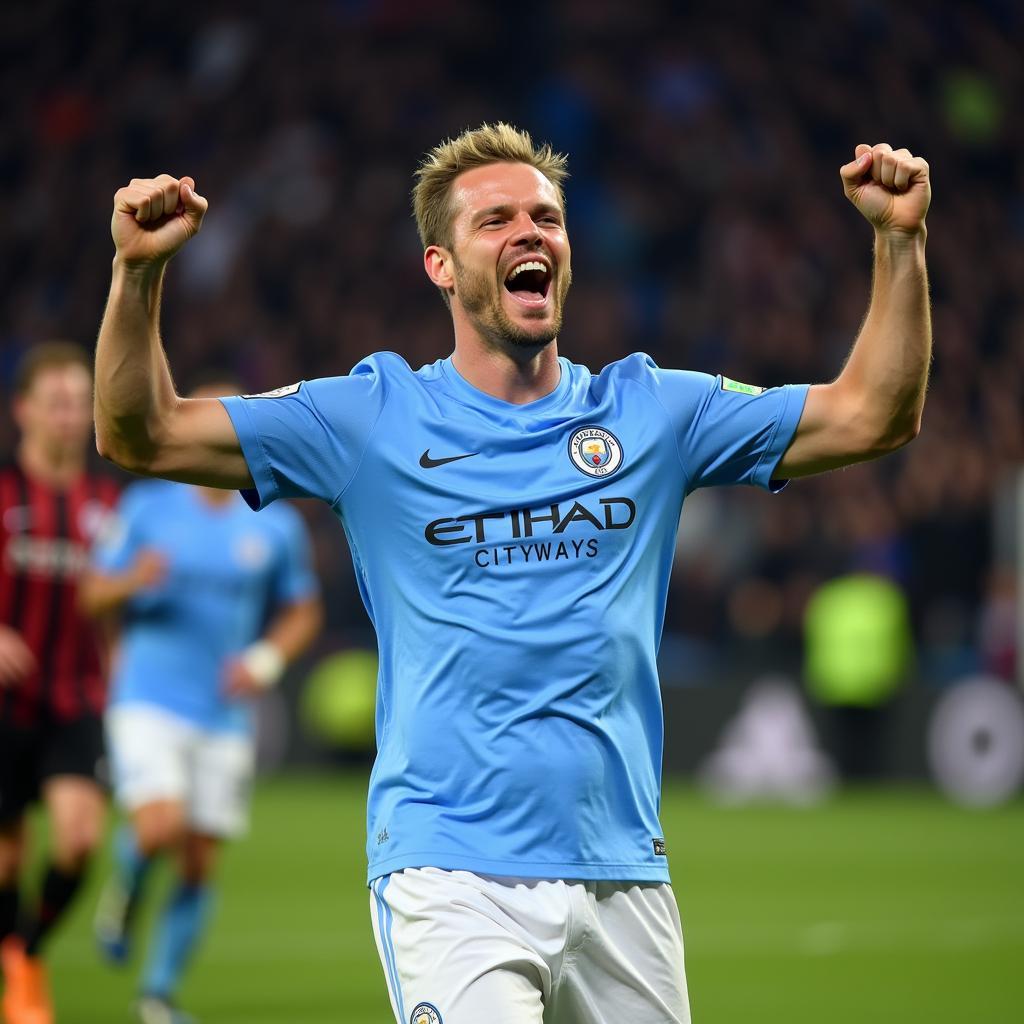 Erling Haaland celebrates a goal in his Manchester City jersey.