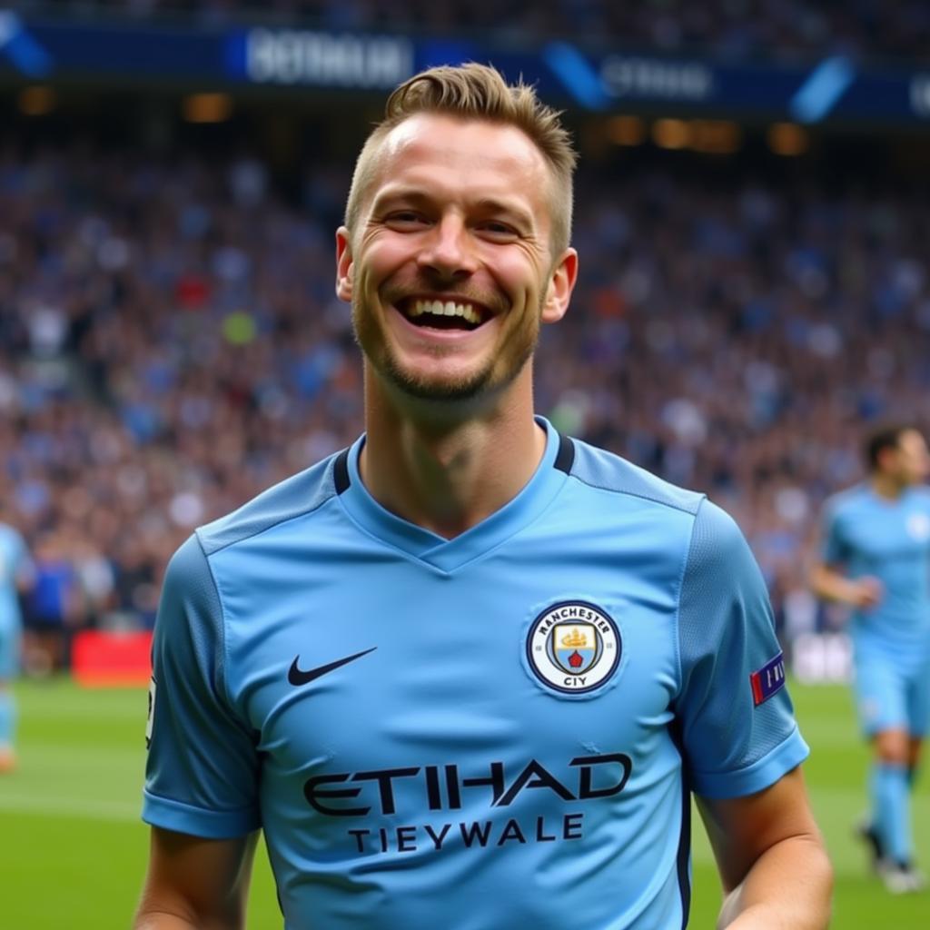 Haaland celebrates a goal at the Etihad Stadium.