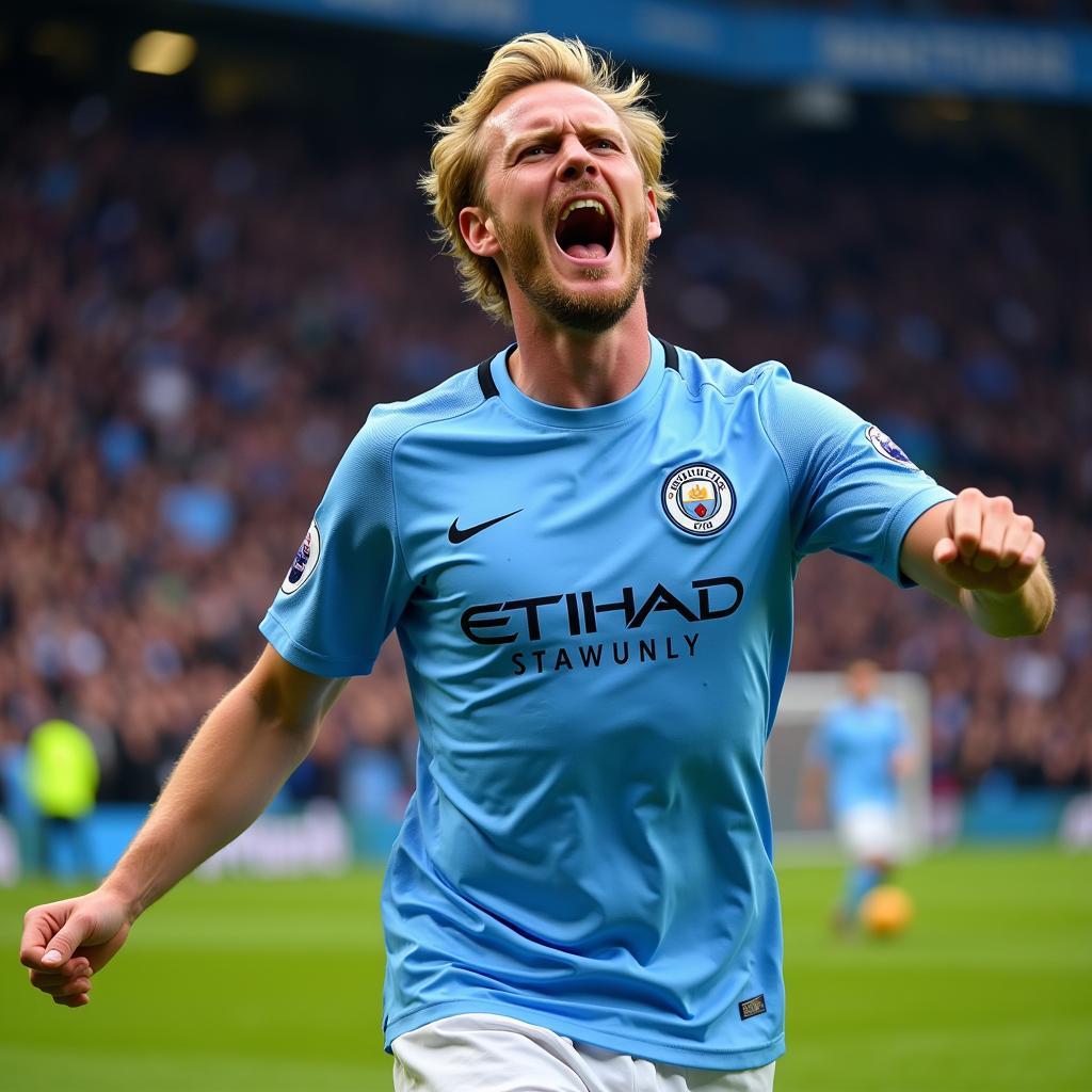 Haaland celebrates a goal at the Etihad Stadium