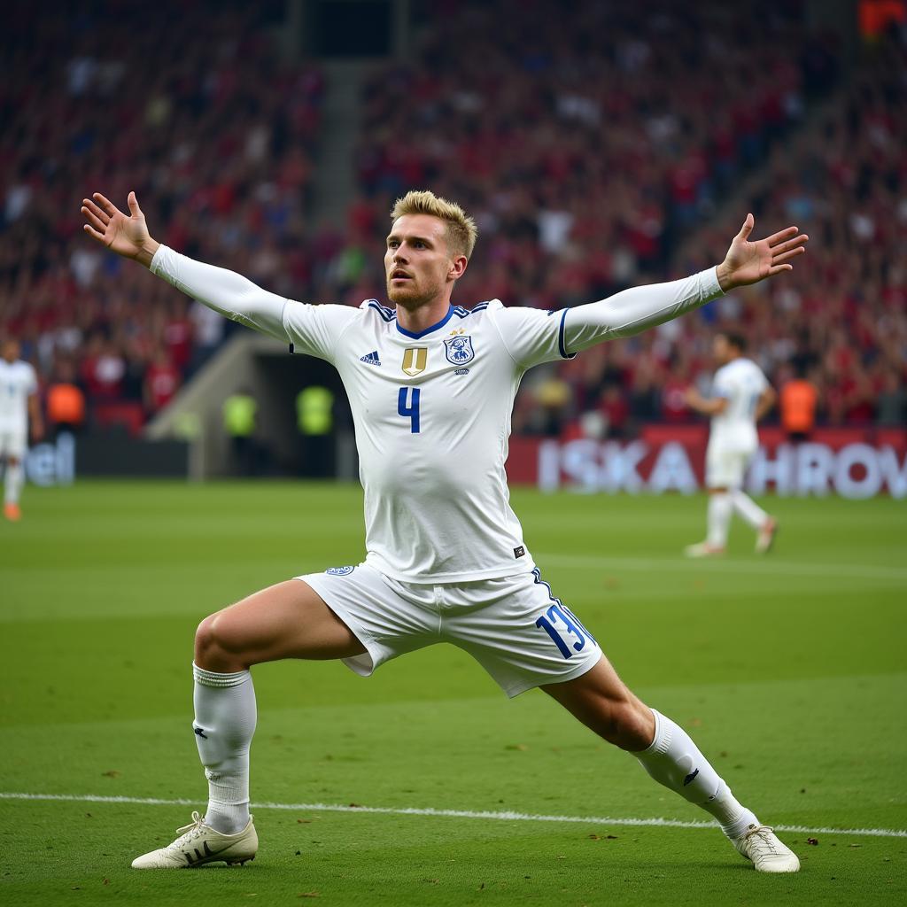 Haaland performing his signature Zen pose celebration after scoring a goal