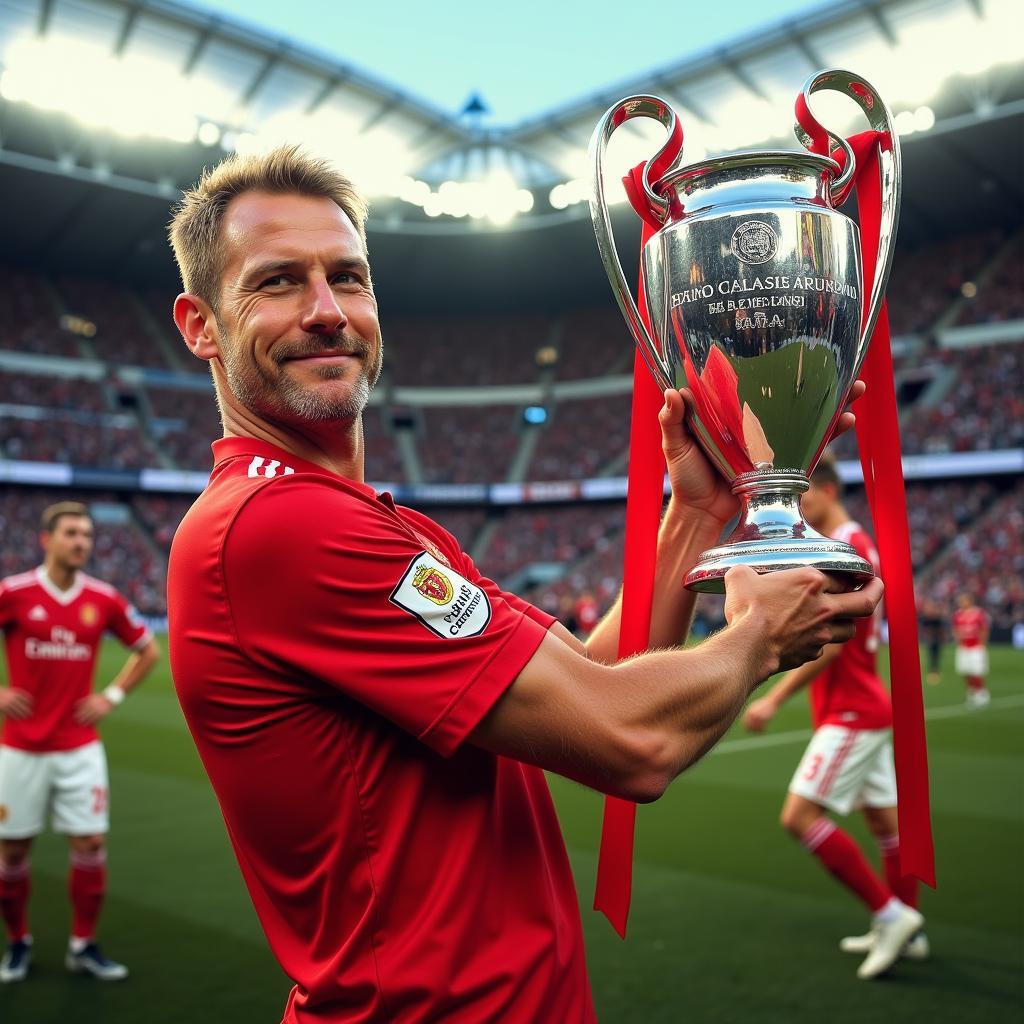 Erling Haaland lifting the Champions League Trophy