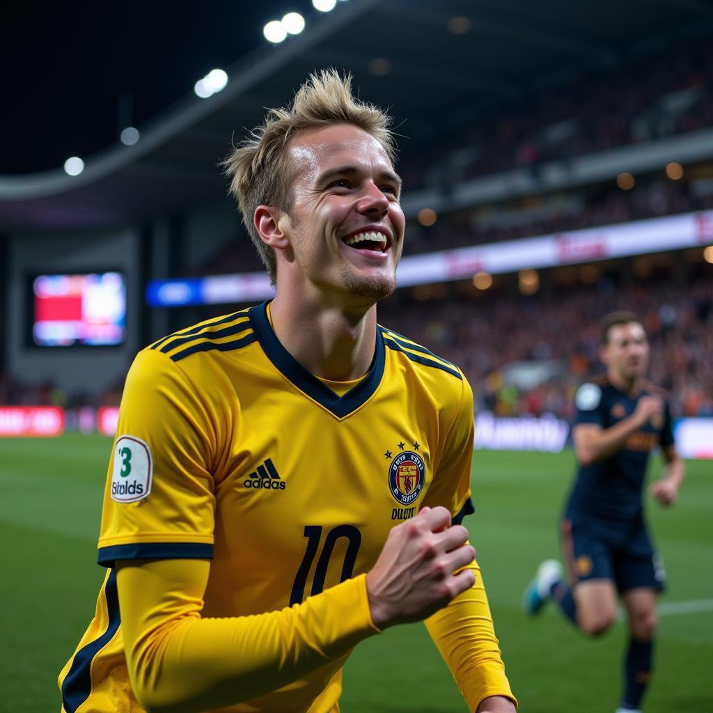 Haaland celebrating a Champions League goal with his Manchester City teammates