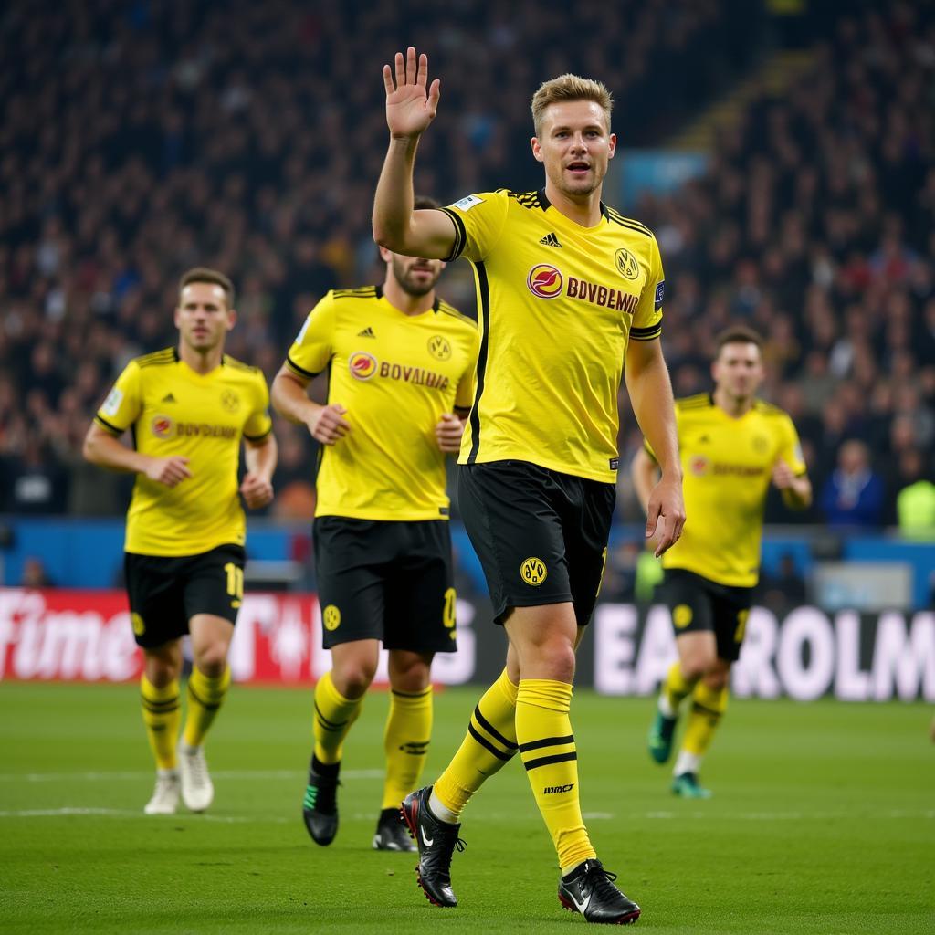 Erling Haaland celebrates a Champions League goal with Borussia Dortmund teammates