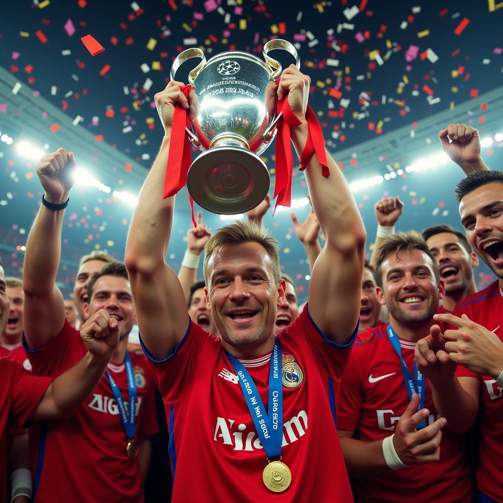 Erling Haaland celebrating with the Champions League trophy