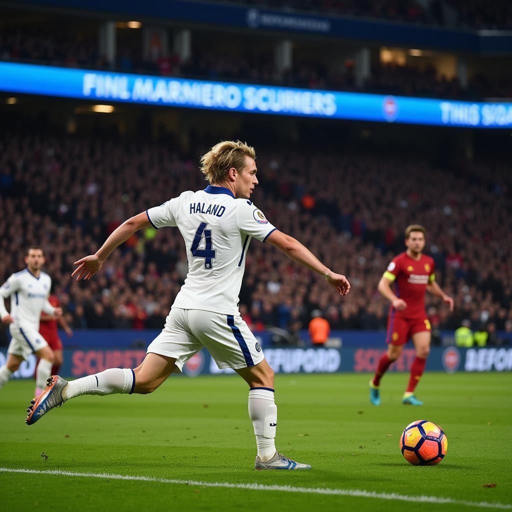 Erling Haaland scoring a crucial goal in the Champions League