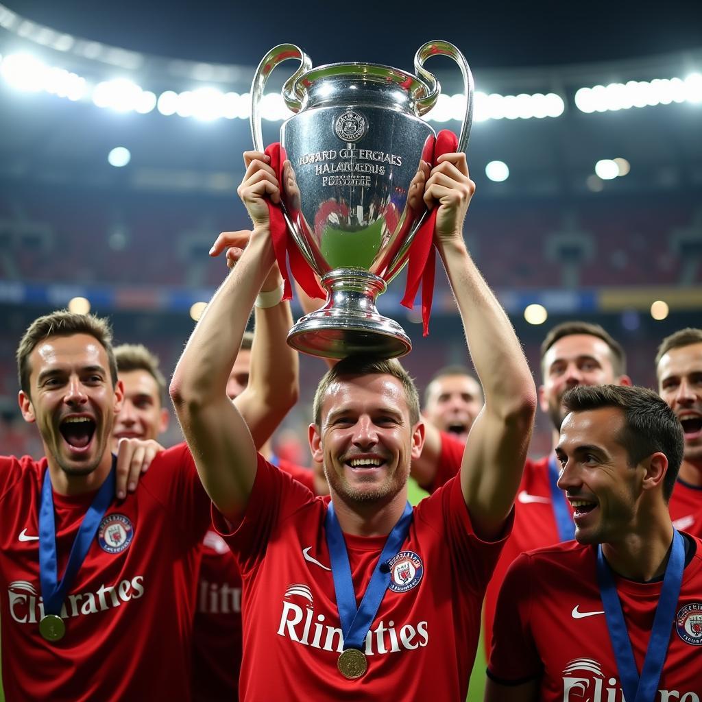 Haaland hoists the Champions League trophy.