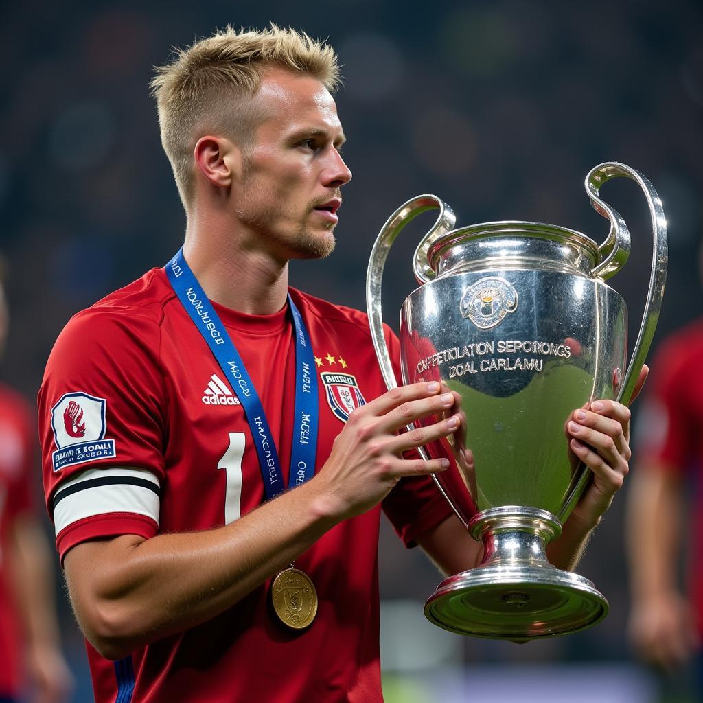 Erling Haaland holding the Champions League trophy