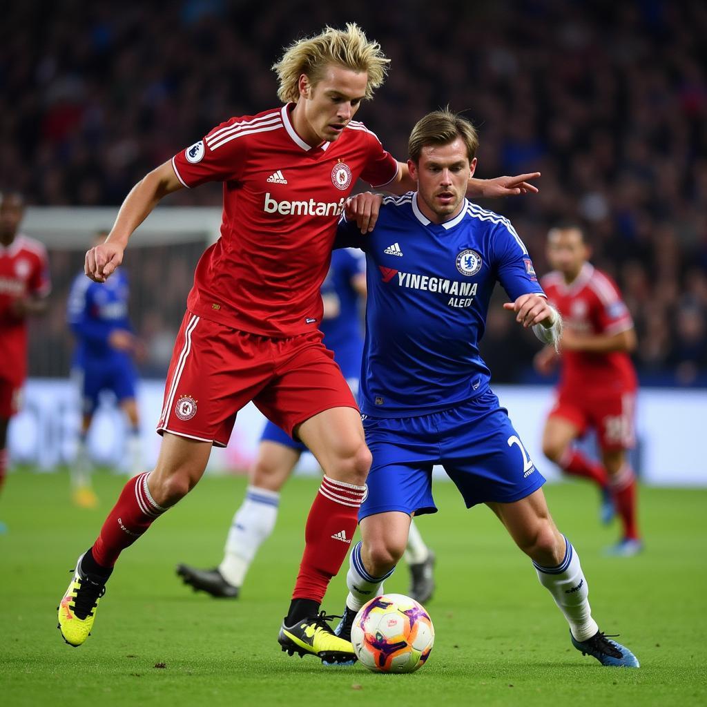 Haaland battling for possession against a Chelsea defender.