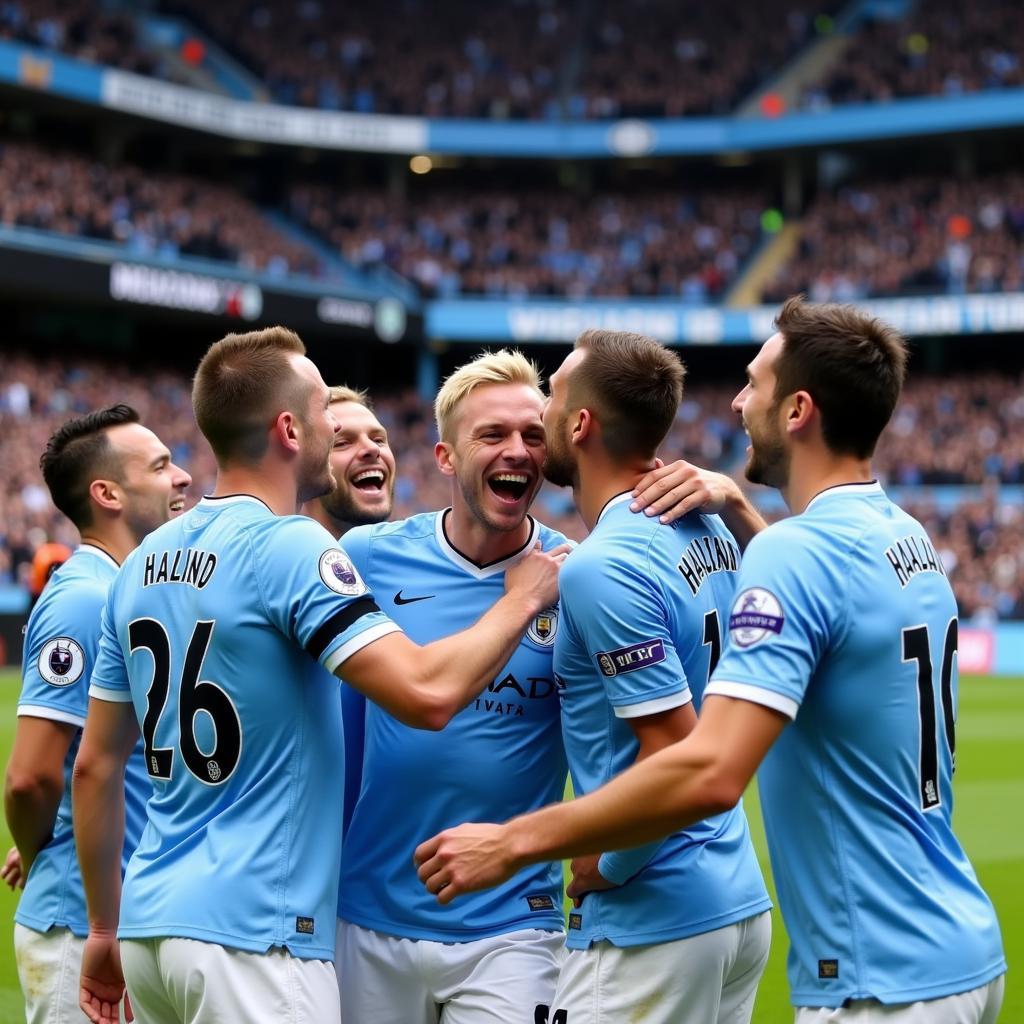 Haaland celebrates a goal with his City teammates