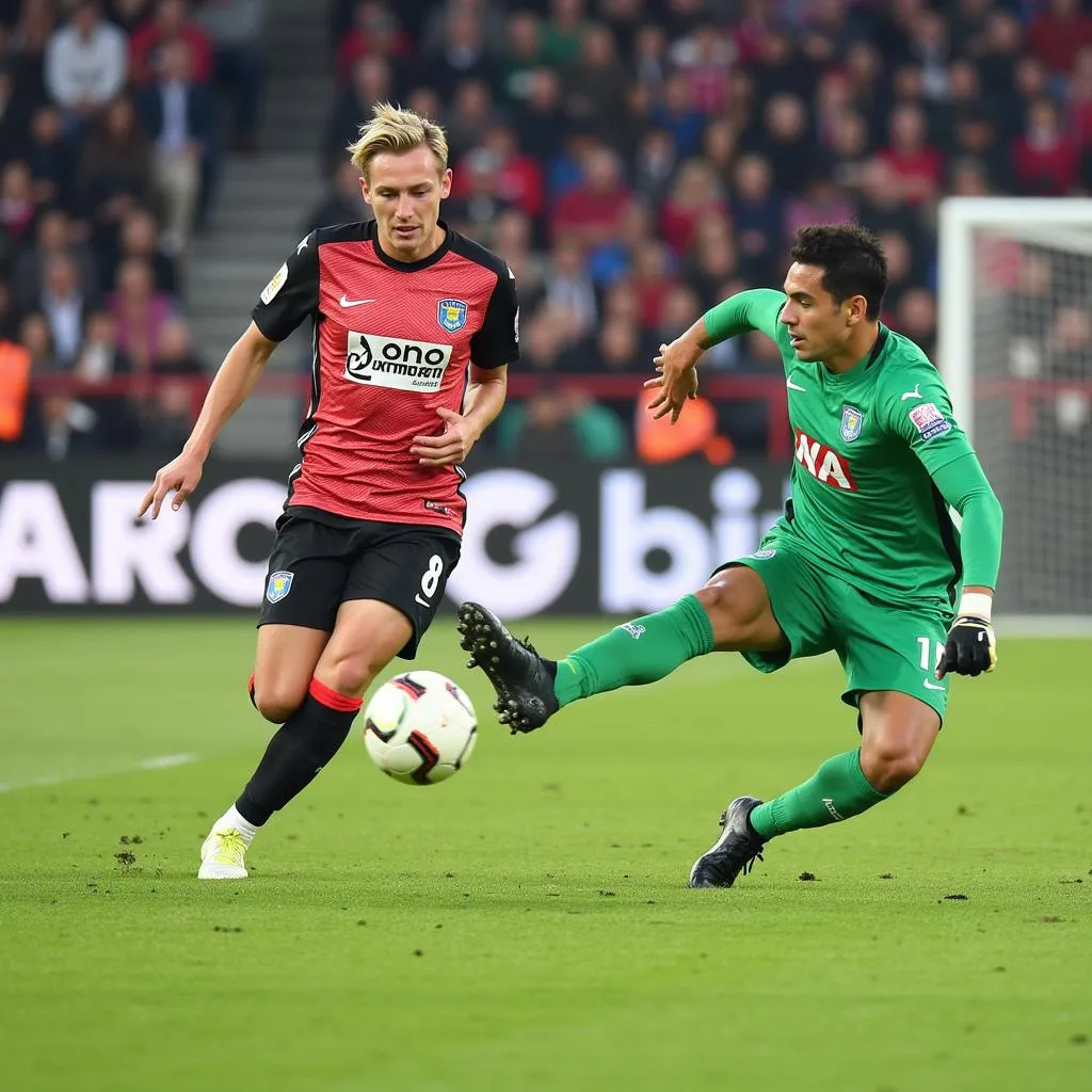 Haaland placing a shot past the goalkeeper