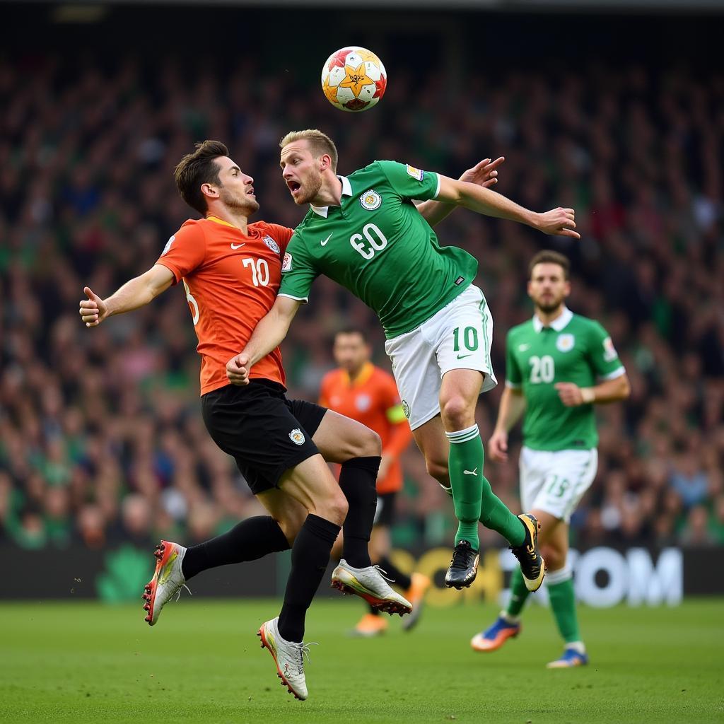 Haaland wins a header against a Northern Ireland defender