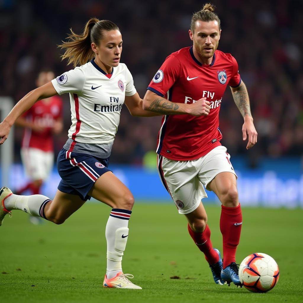 Haaland sprinting past PSG defenders on a counter-attack