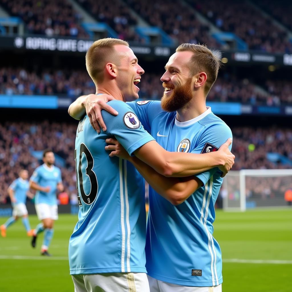 Haaland and De Bruyne celebrate a goal