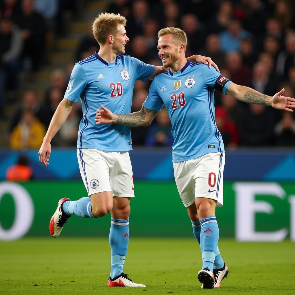 Erling Haaland celebrates a goal with Kevin De Bruyne