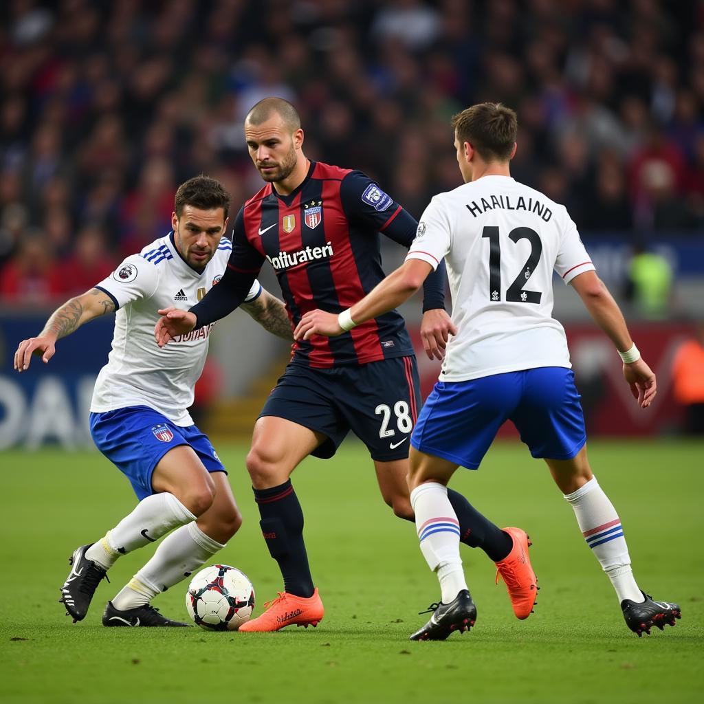 Erling Haaland being closely marked by two defenders