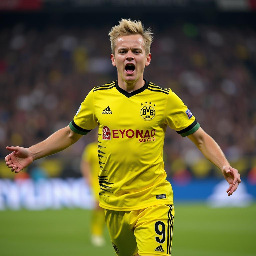 Haaland celebrating a goal in Dortmund jersey