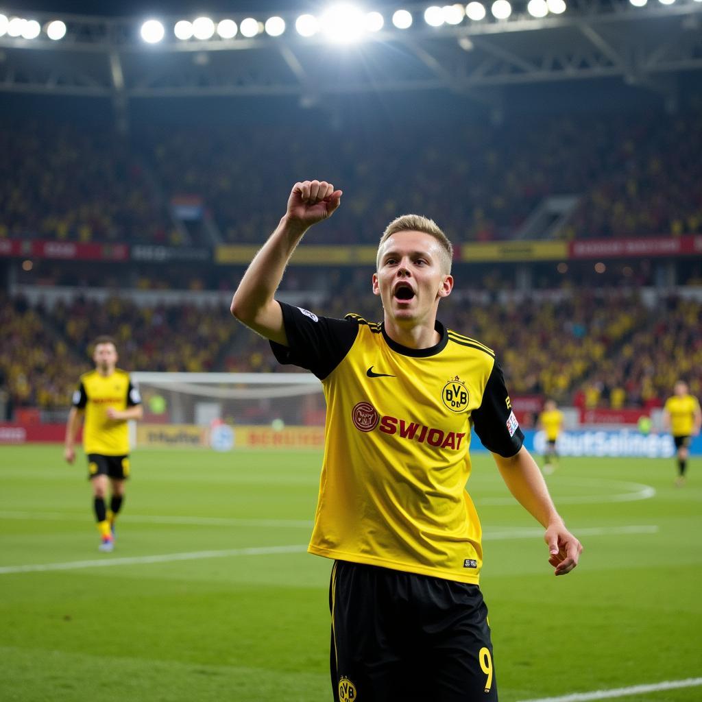 Haaland celebrating a goal for Borussia Dortmund in his number 9 jersey