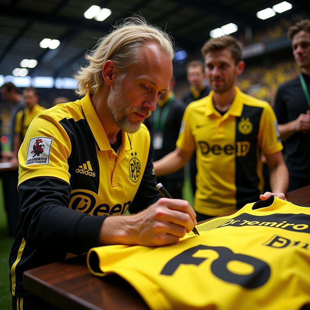 Haaland Signing a Dortmund Away Jersey