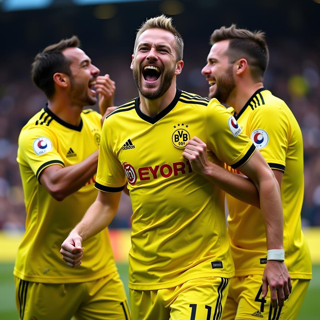 Erling Haaland celebrating a goal with Borussia Dortmund teammates