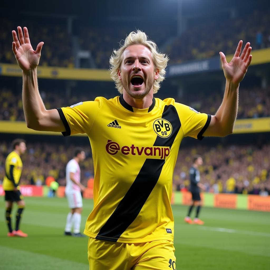 Haaland celebrating a goal with his Dortmund teammates.