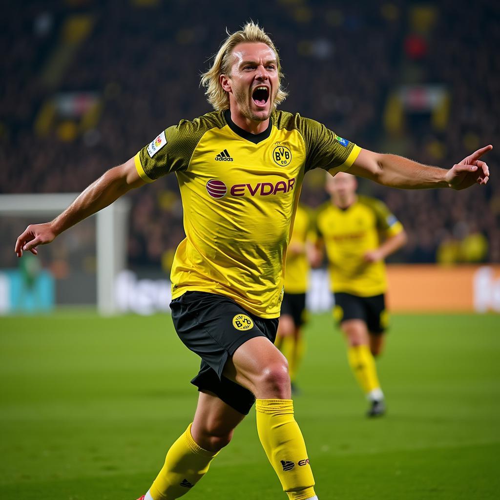 Haaland celebrates a goal in the iconic yellow and black of Borussia Dortmund