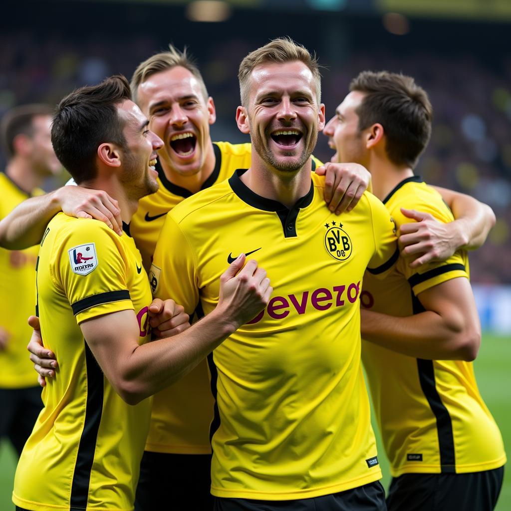 Haaland celebrates a goal with his Dortmund teammates, highlighting the camaraderie within the team