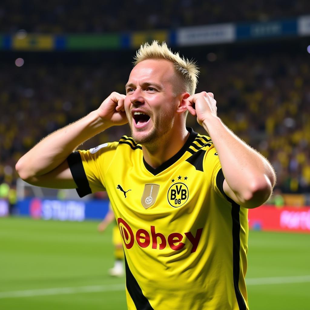 Haaland celebrates a goal in his Dortmund kit.