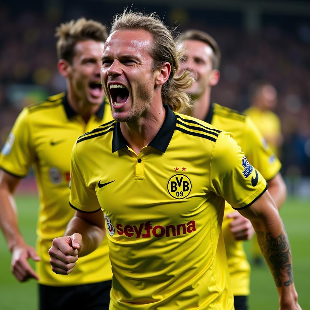 Haaland celebrates a goal in Dortmund colours.