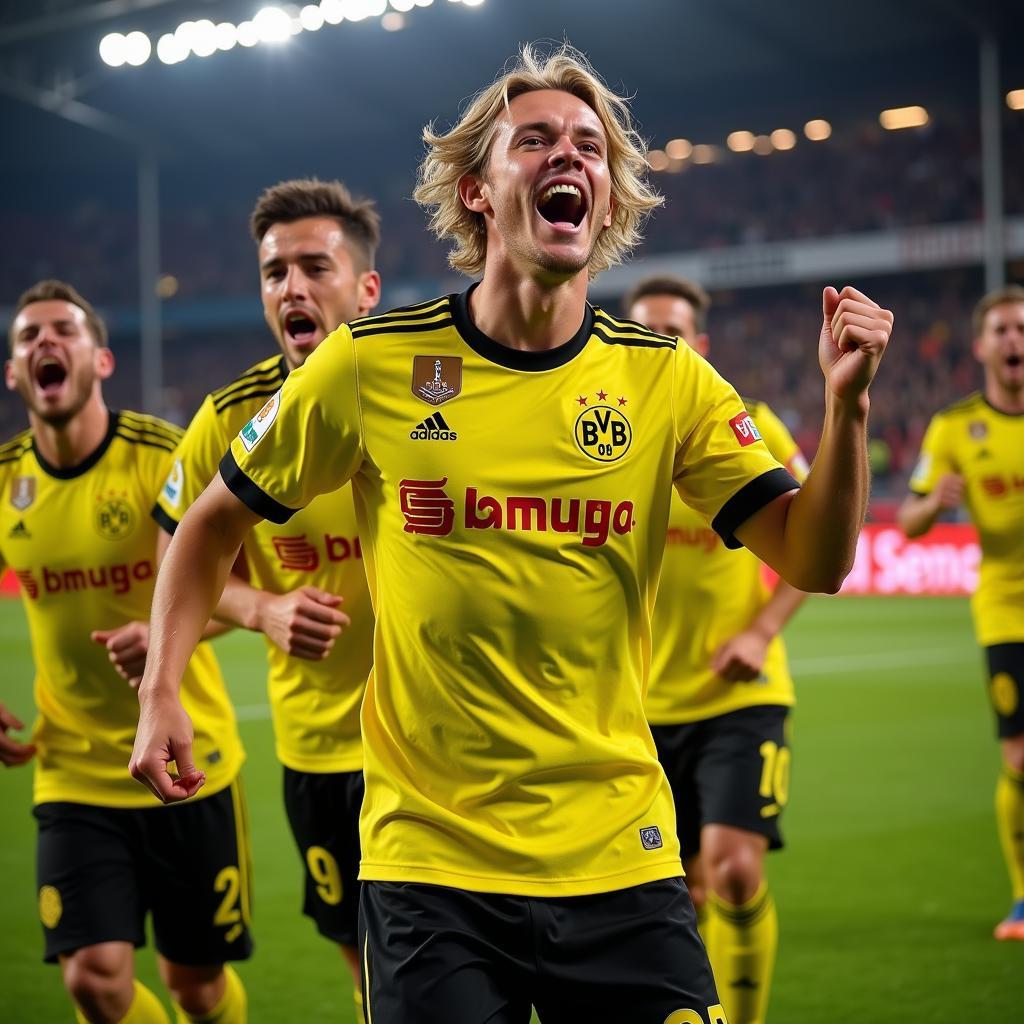 Haaland celebrating a goal with Dortmund teammates