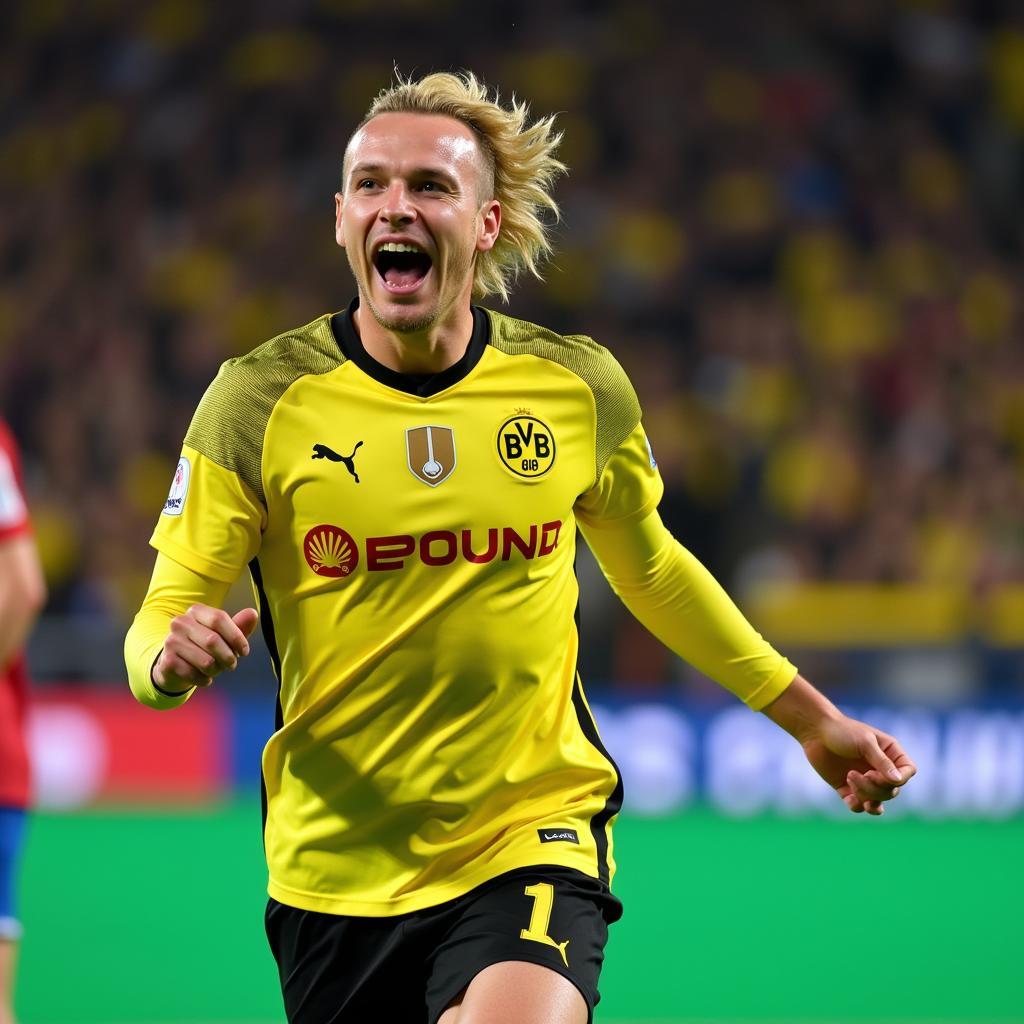 Erling Haaland celebrates a goal for Borussia Dortmund.