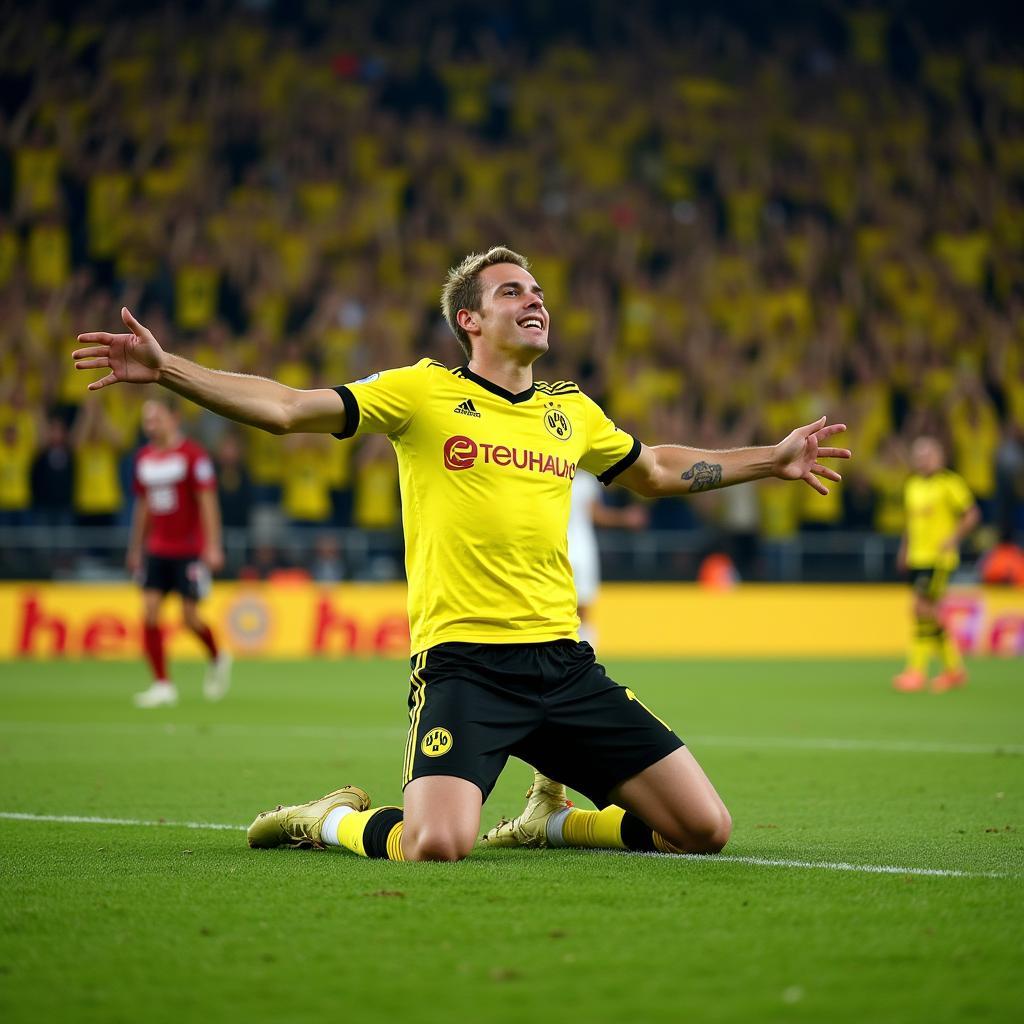 Haaland celebrates a goal for Borussia Dortmund in front of the Yellow Wall