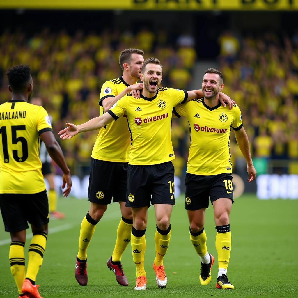 Erling Haaland celebrating a goal with Borussia Dortmund teammates.