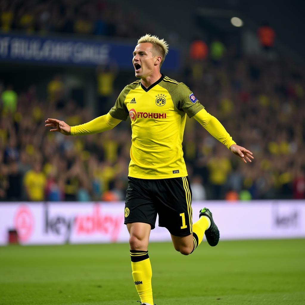 Erling Haaland celebrating a goal for Borussia Dortmund in the Champions League