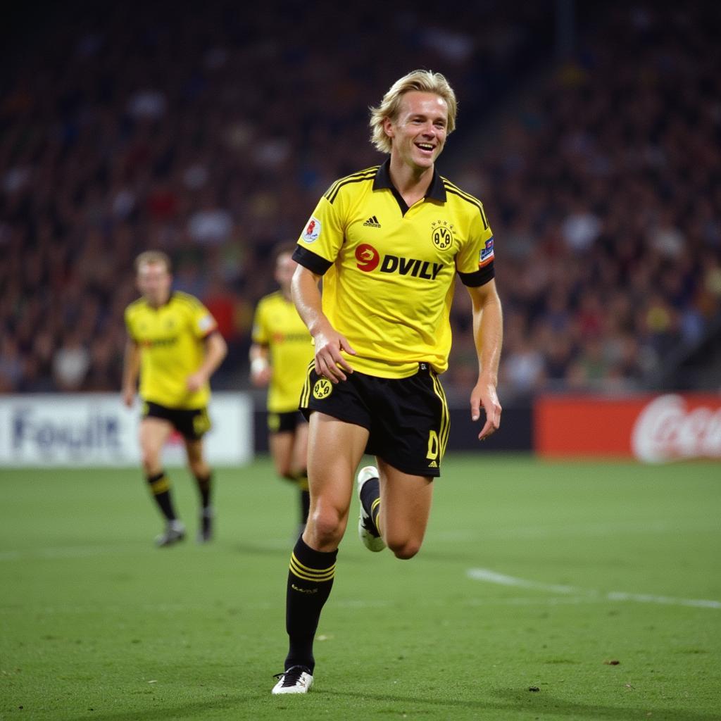 Haaland celebrates a goal in his Borussia Dortmund kit