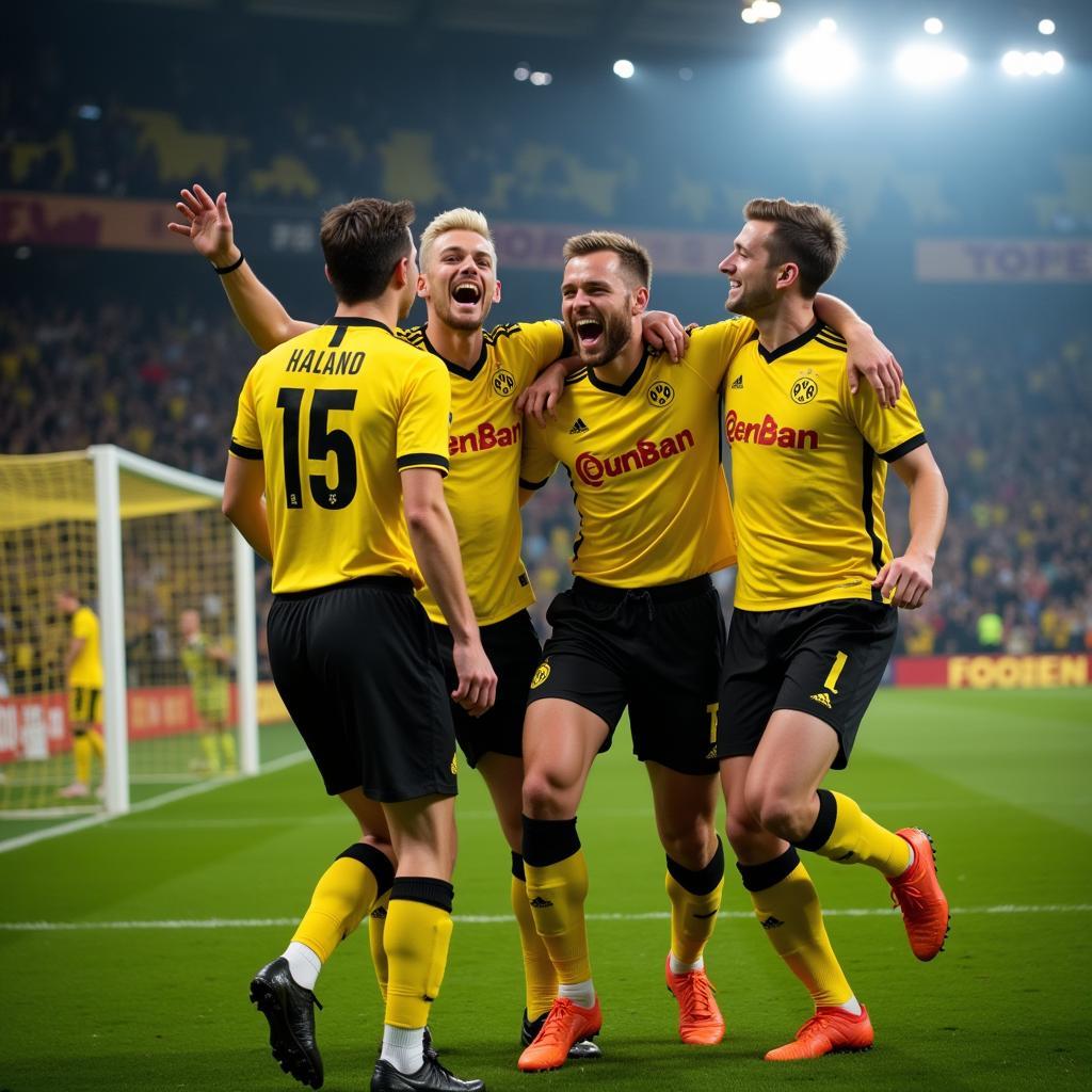 Erling Haaland celebrating a goal with Borussia Dortmund teammates