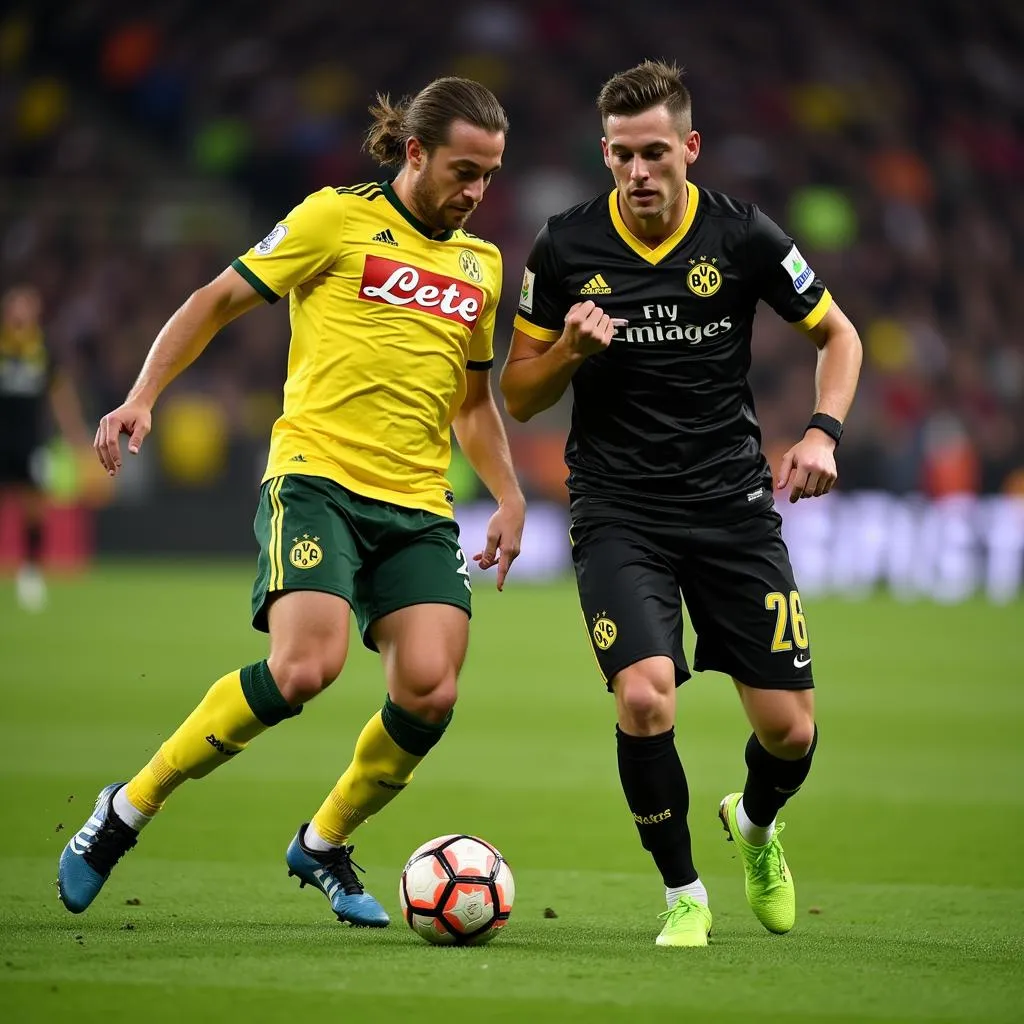 Haaland evades a challenge from a Dortmund defender