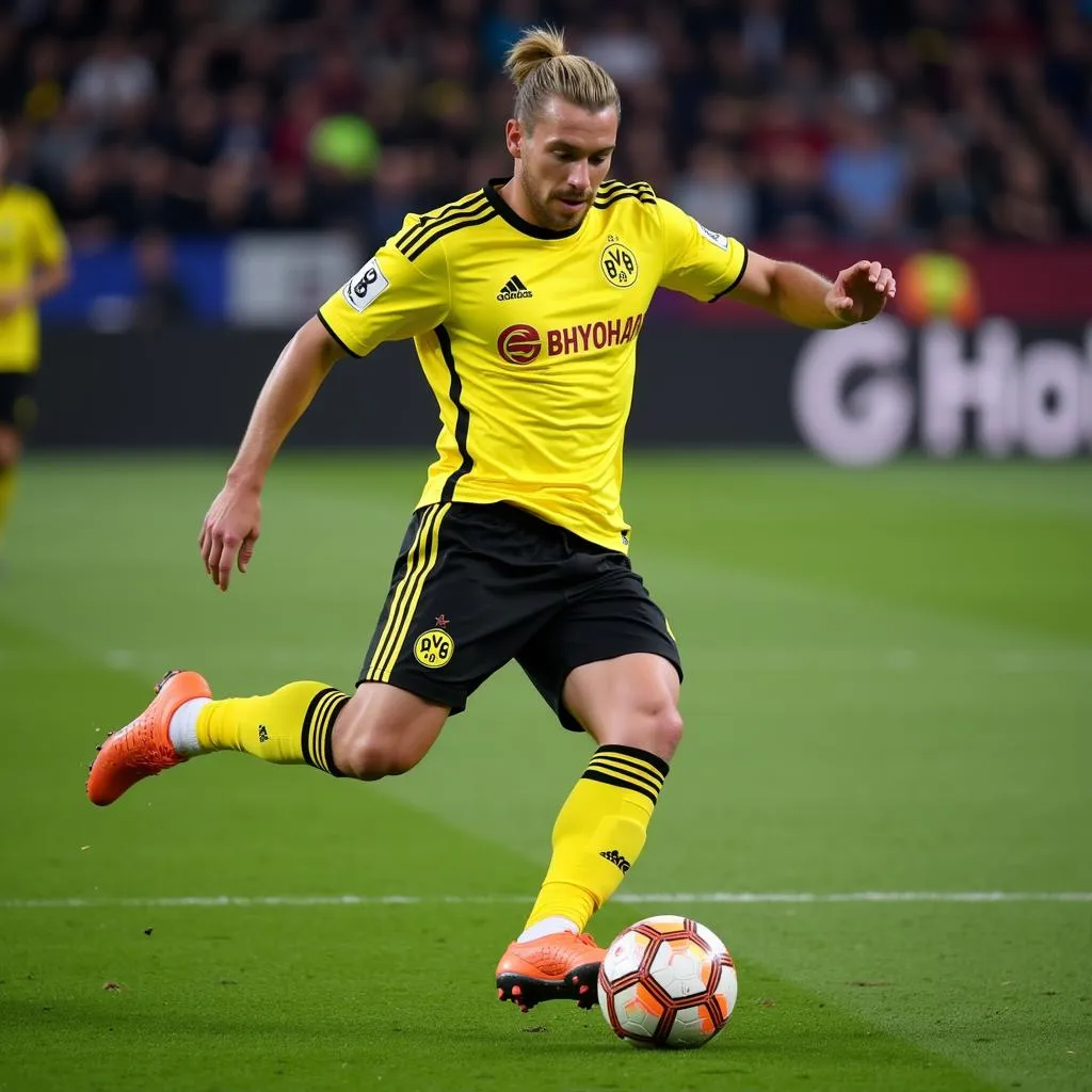 Haaland scoring a goal for Borussia Dortmund