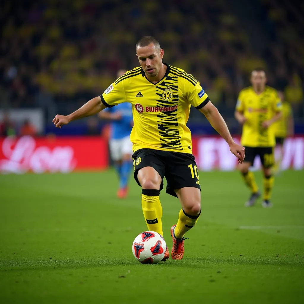 Haaland scoring a powerful shot for Borussia Dortmund