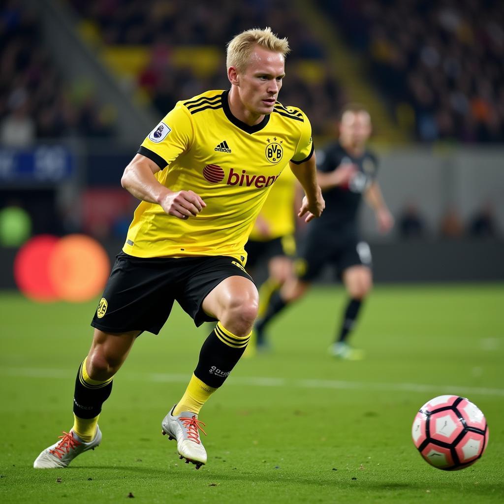 Erling Haaland scoring a goal for Borussia Dortmund with a powerful shot