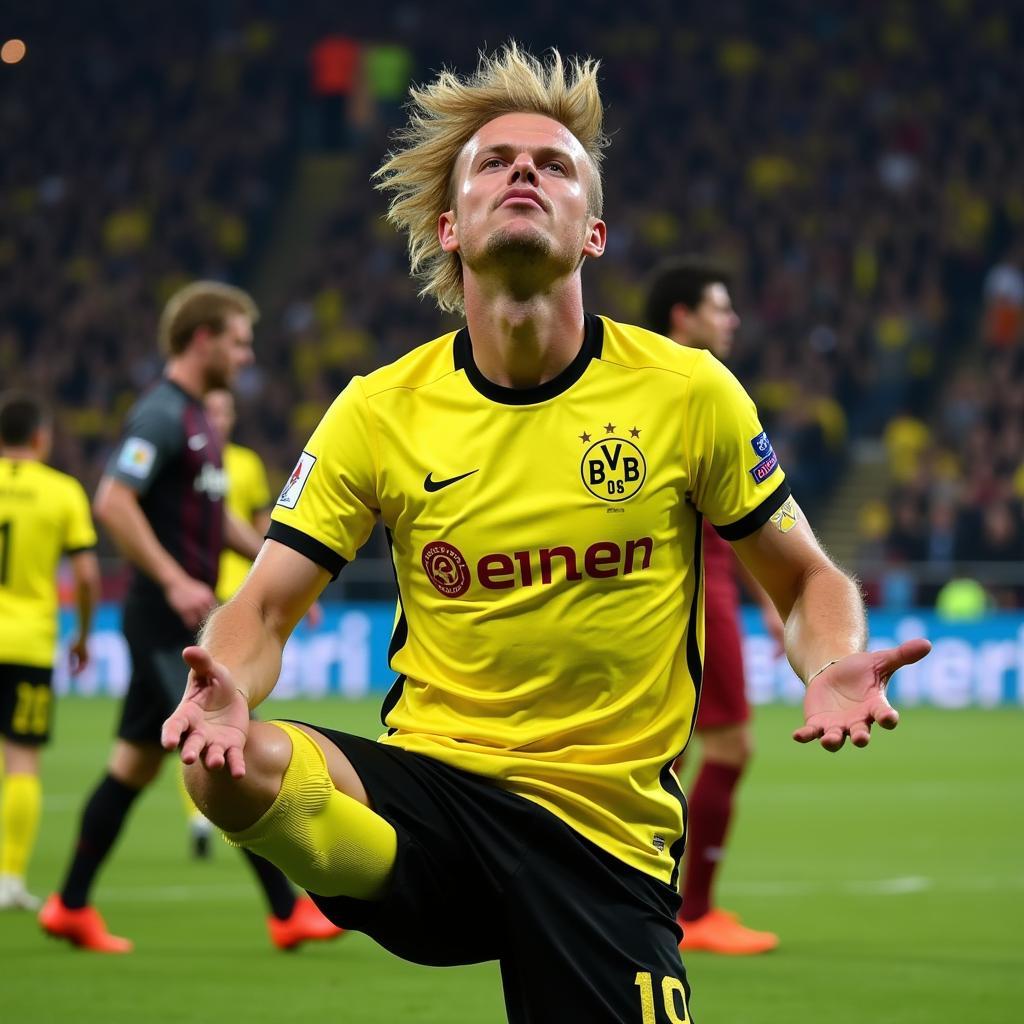 Haaland celebrates a goal for Dortmund with his signature meditation pose