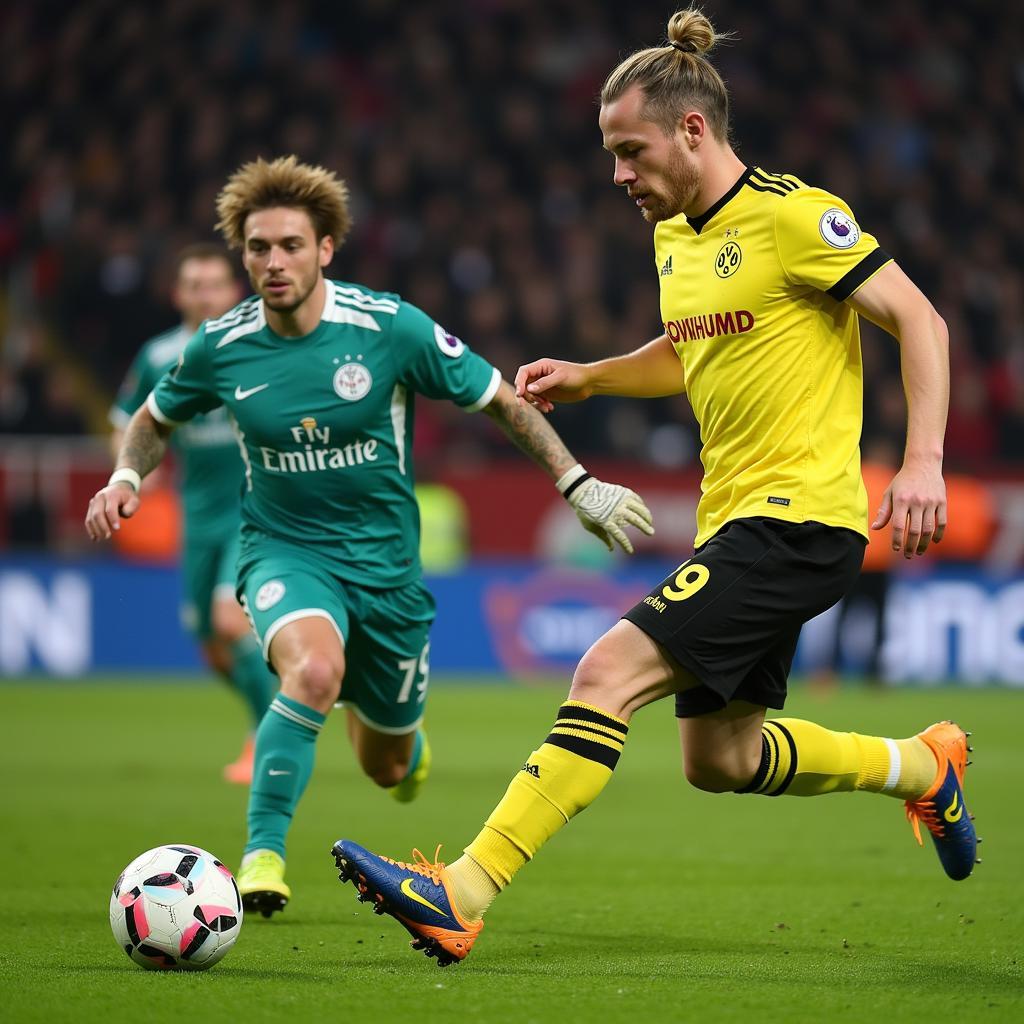 Haaland scoring a goal for Borussia Dortmund