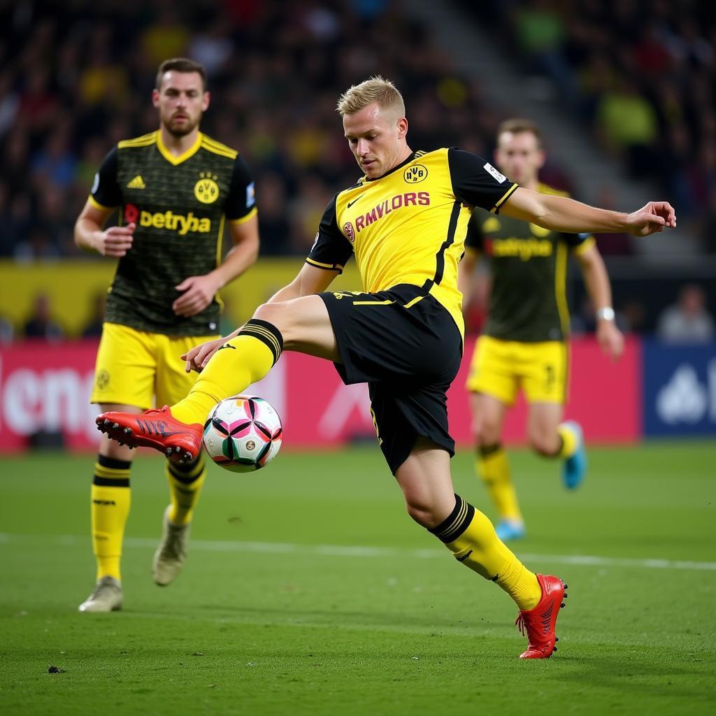 Haaland scoring a powerful shot for Borussia Dortmund in the Champions League