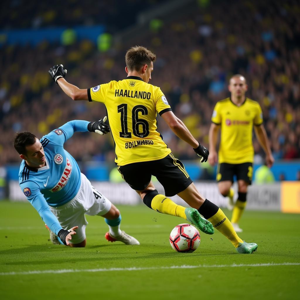 Haaland scores a powerful goal for Borussia Dortmund.