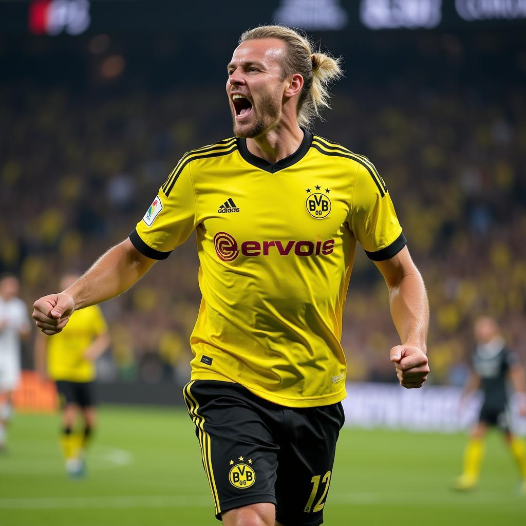 Haaland celebrating a goal in a Dortmund jersey