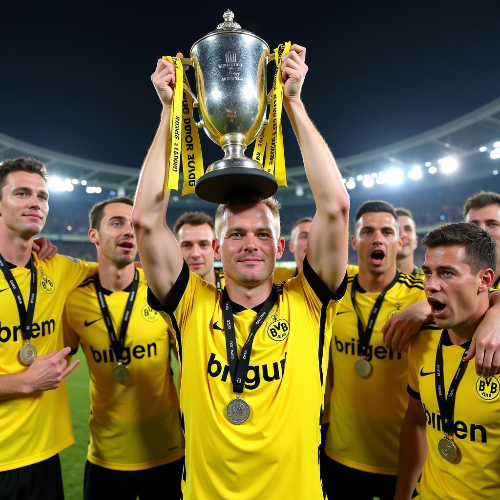 Erling Haaland holding the DFB-Pokal trophy with Borussia Dortmund