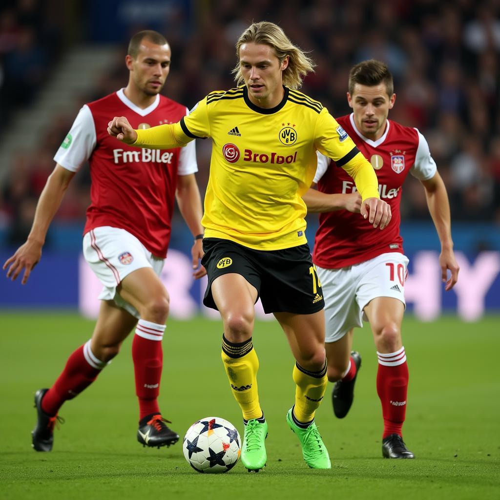 Haaland dribbling past defenders in a Borussia Dortmund jersey