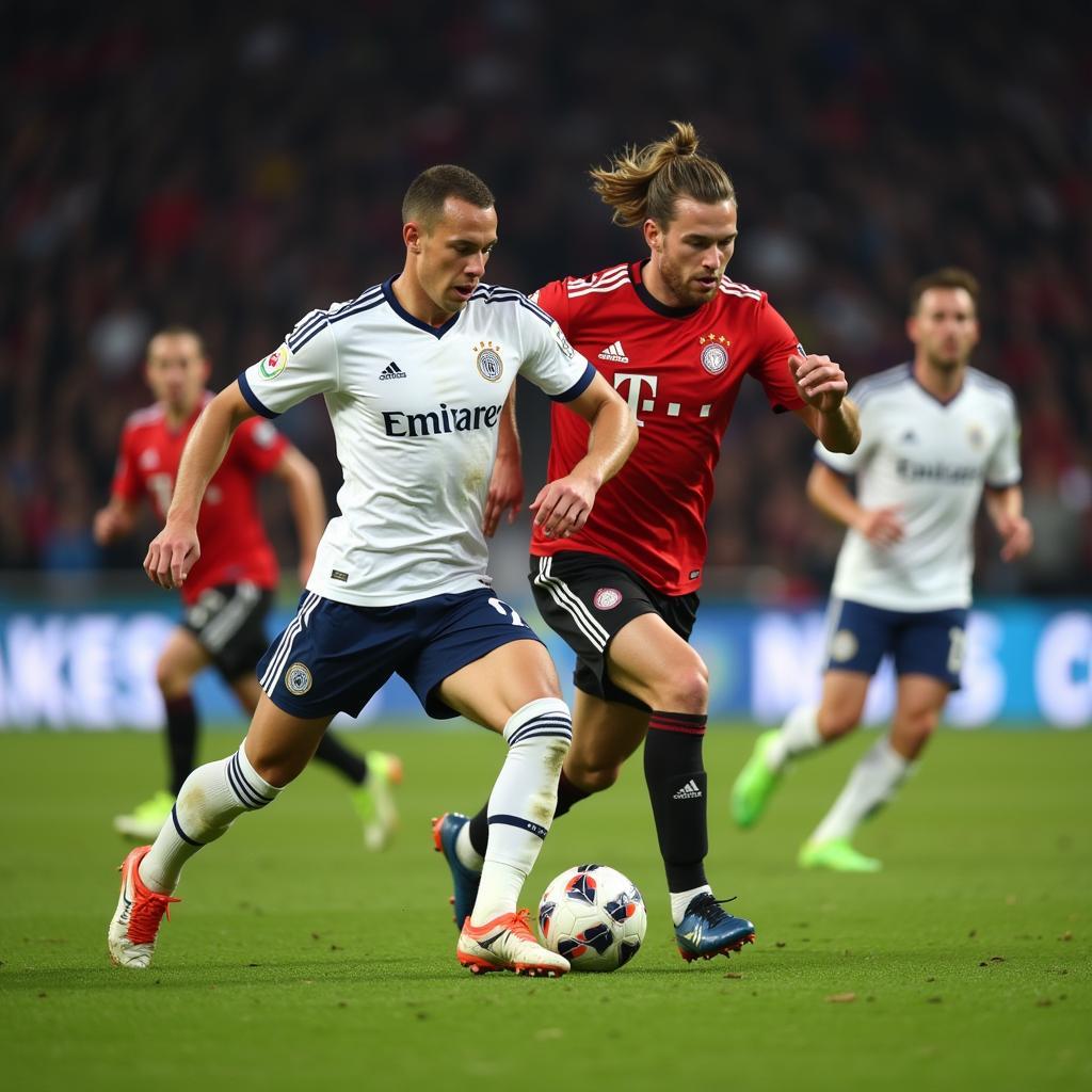 Haaland skillfully dribbles past a defender in a Champions League match