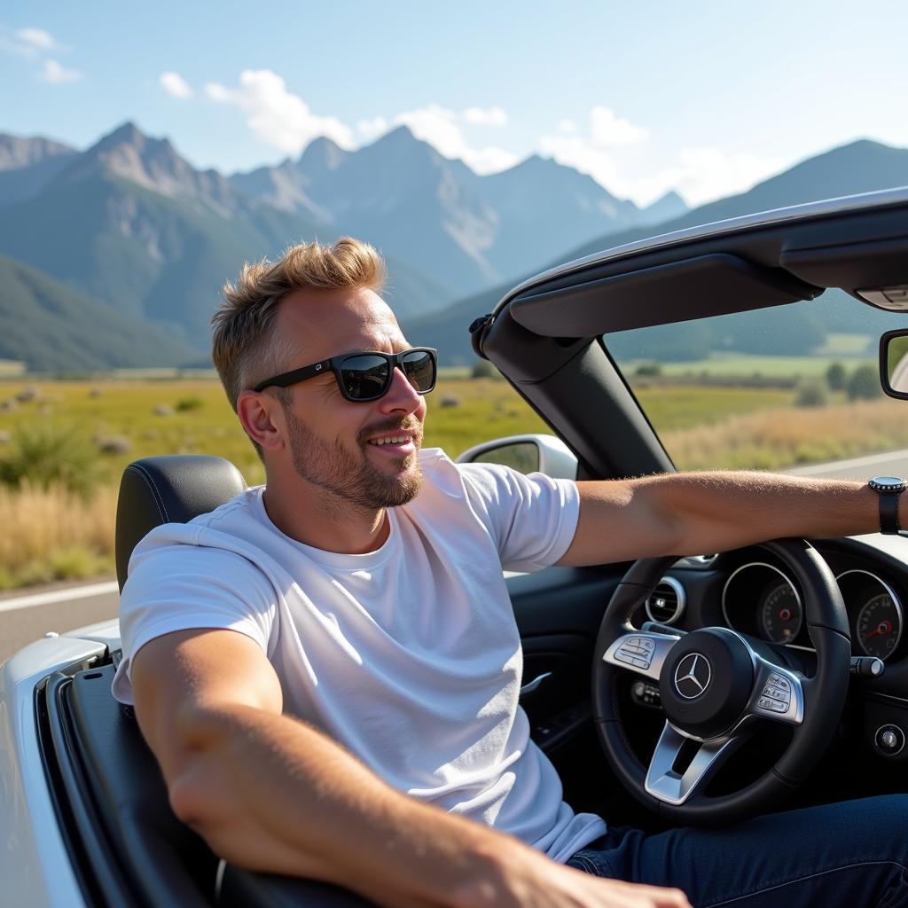 Erling Haaland behind the wheel of his Mercedes car, navigating a scenic mountain road